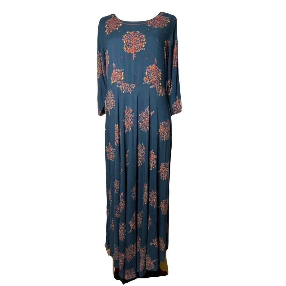 Chic and Flowy Full Length Maxi Dress Embroidered Jewel Tone Teal Blue Size XL